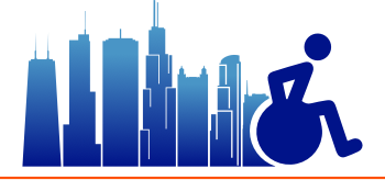 Graphic of Chicago skyline and person in wheelchair in blue
