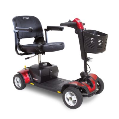 Pride GoGo Sport mobility scooter with simple chair, red highlights, and a basket