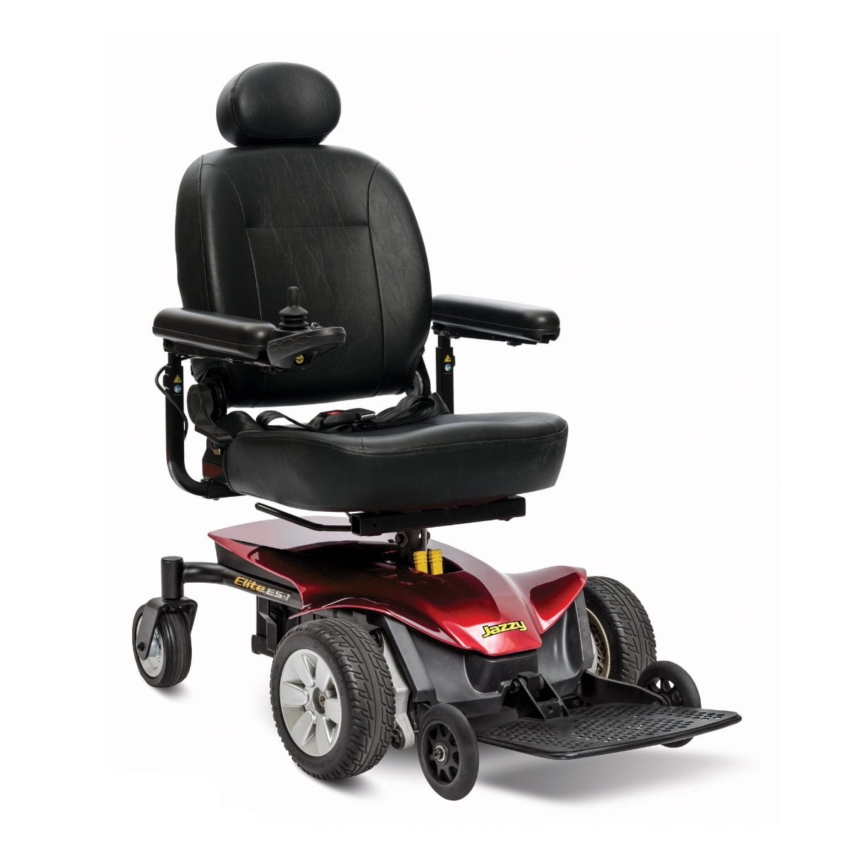 Power chair with black captain's chair and a red base