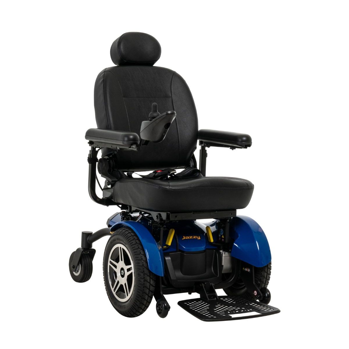 Power chair with black captain's chair and a blue base and larger control module