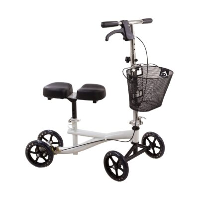 Knee mobility scooter with knee pad, 4 wheels, and a basket