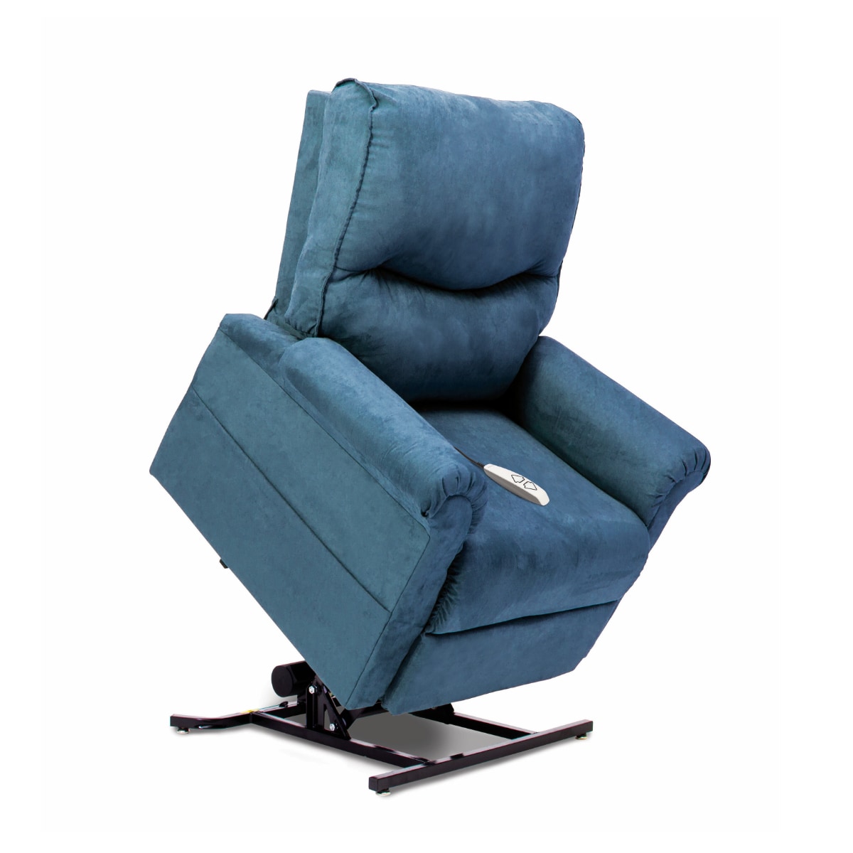 Blue suede lift chair in lift position