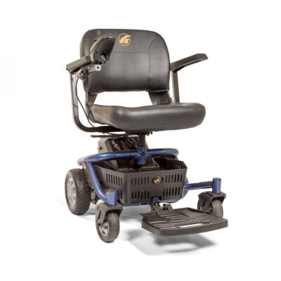 LiteRider Envy power wheel chair with shorter back and blue accents