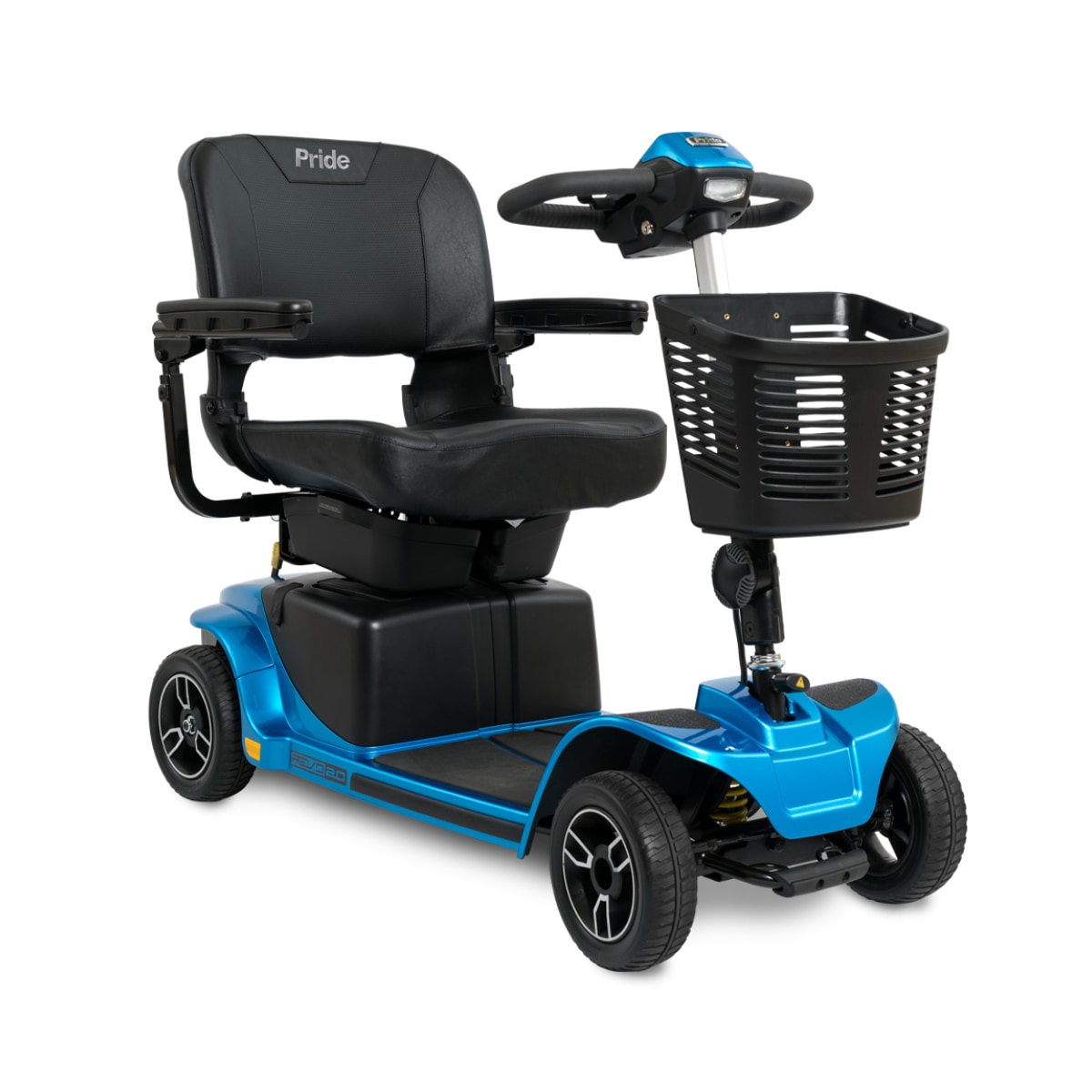 Mobility scooter with simple chair, blue highlights, and a basket