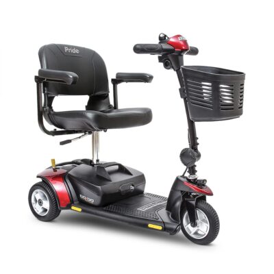 Mobility scooter with simple chair, red highlights, and a basket