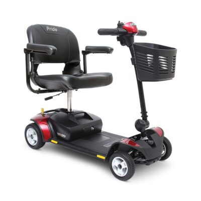 Mobility scooter with short back and 4 wheels with red accents