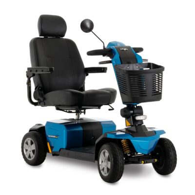 Black mobility scooter with blue base and basket
