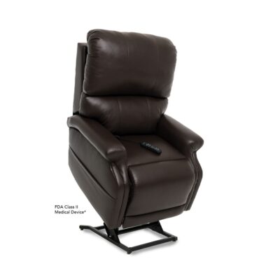 Pride VivaLift Escape reclining lift chair in dark brown leather in lifted position