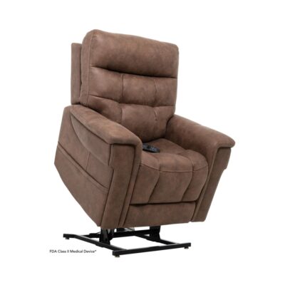 Pride VivaLift Radiance reclining lift chair in brown, lifted position