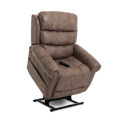 Pride Vivalift Tranquil lift chair product in lifted position upholstered in brown fabric