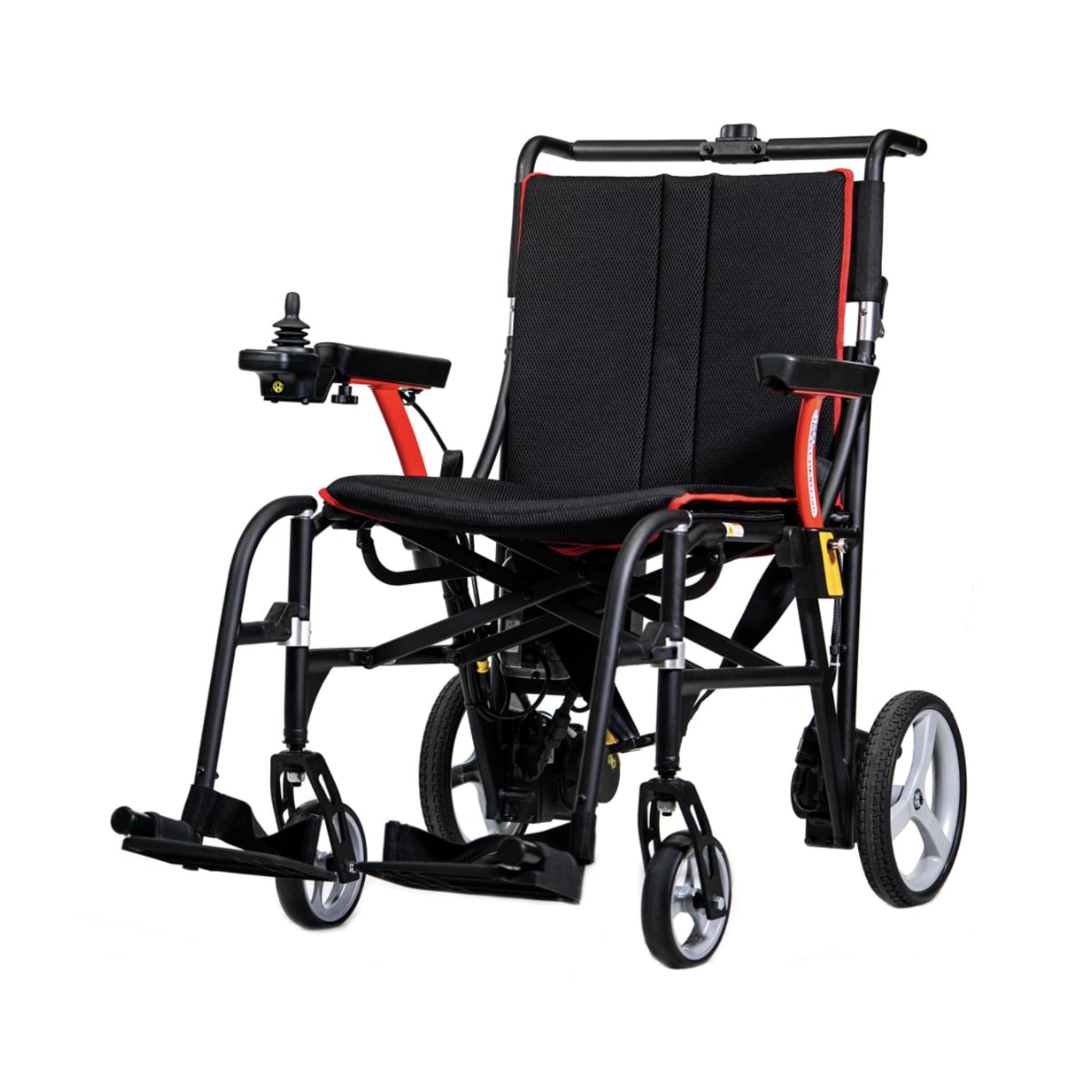 Feather brand power wheelchair, standard look in black with orange highlights