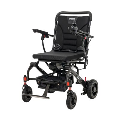 Pirde Jazzy Carbon power wheelchair in black with red accents