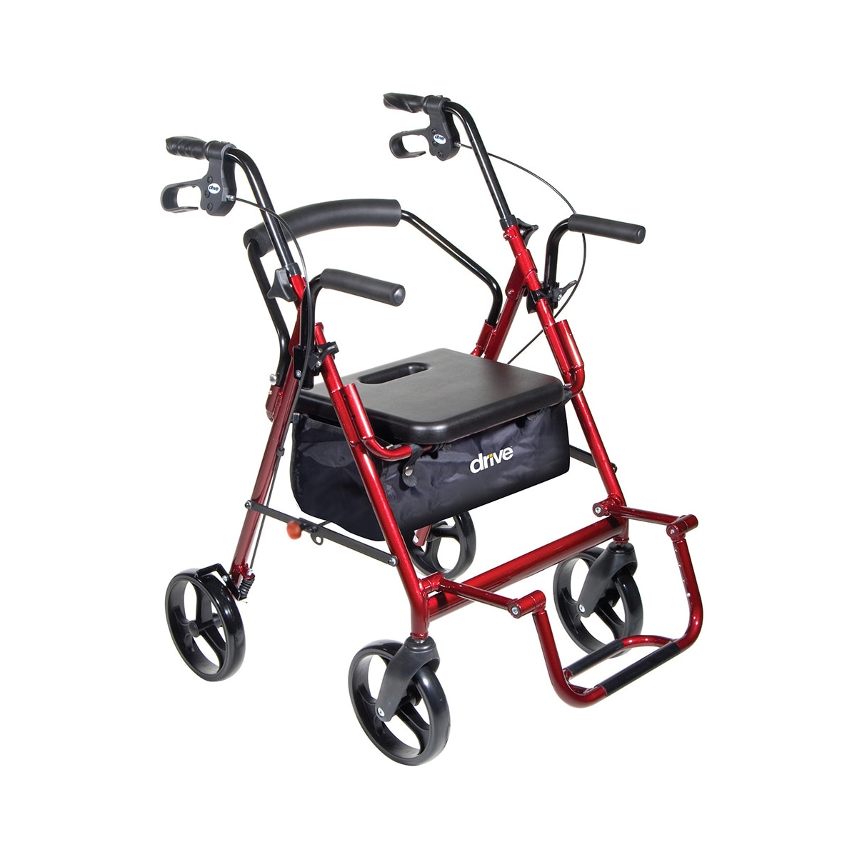 Drive Duet rollator and transport chair in one with red frame, seat, and foot rest