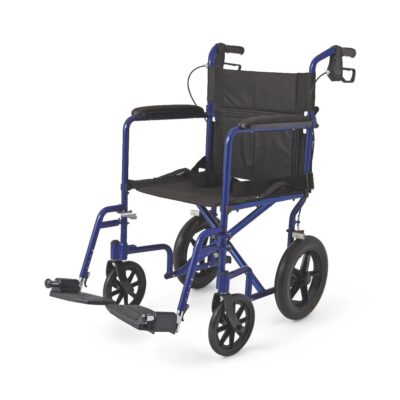 Medline Transport Chair with larger back wheels and a blue frame