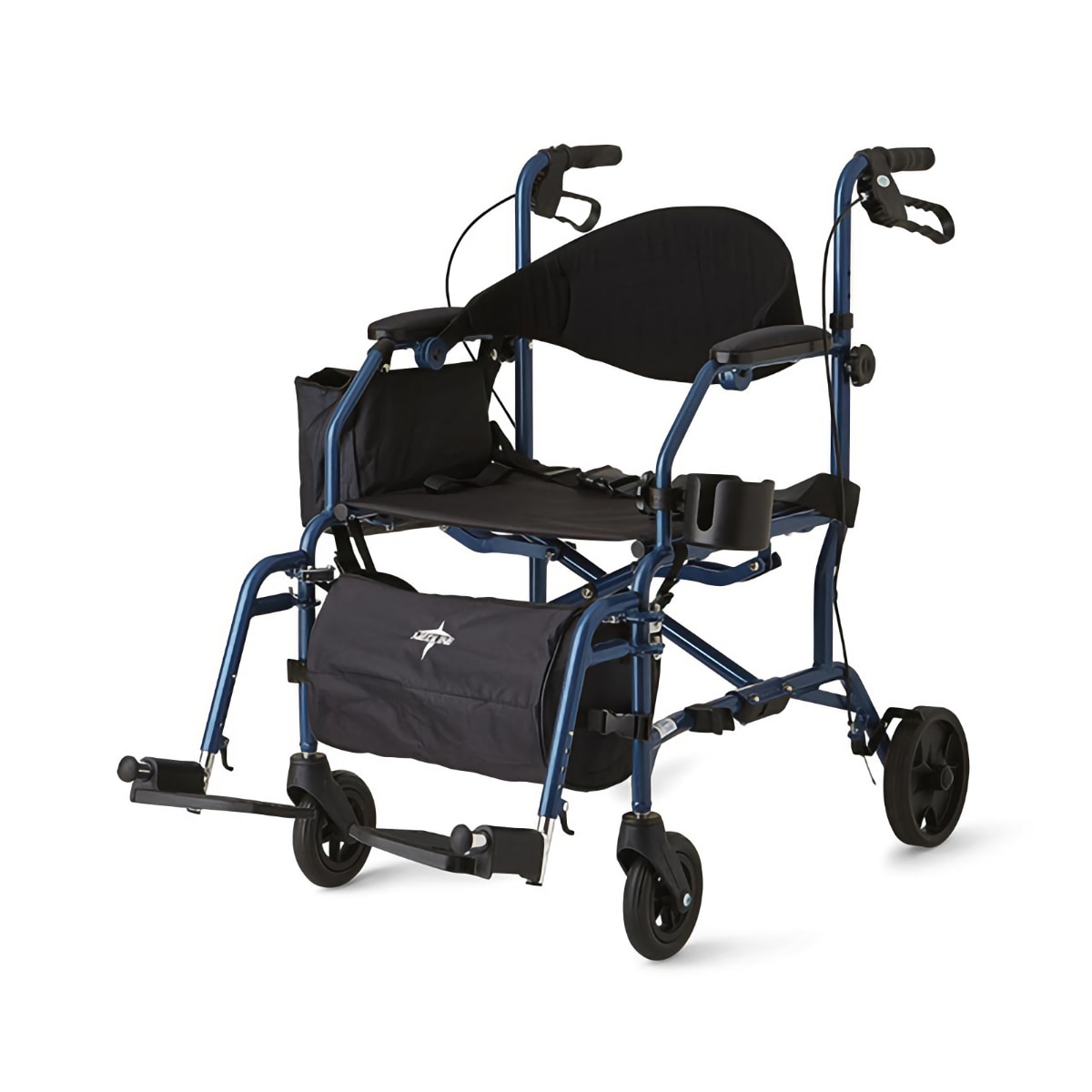 Medline Rollator & Transport Chair in one with black design and 4 smaller wheels