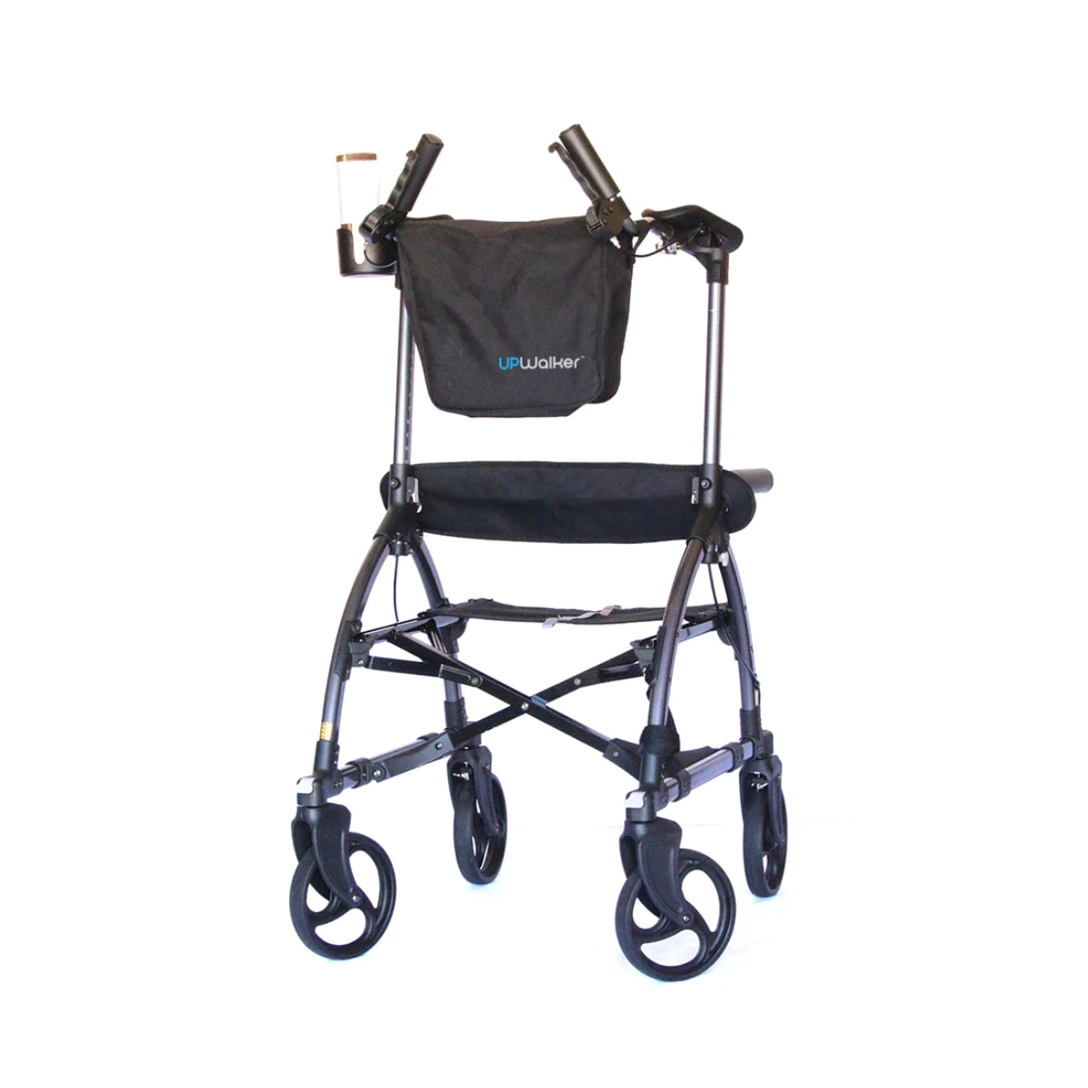 UpWalker Rolling Walker with a sleek black frame and storage bag on front