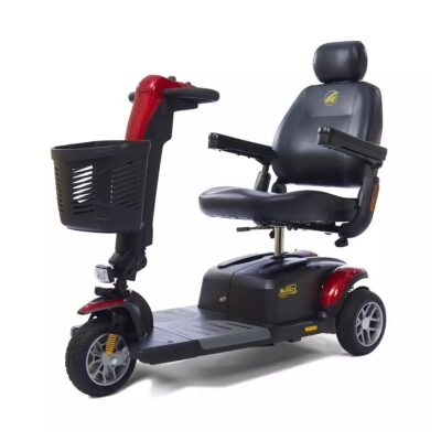 Golden BuzzAround LX 3-wheel mobility scooter with red accents and tall captains chair