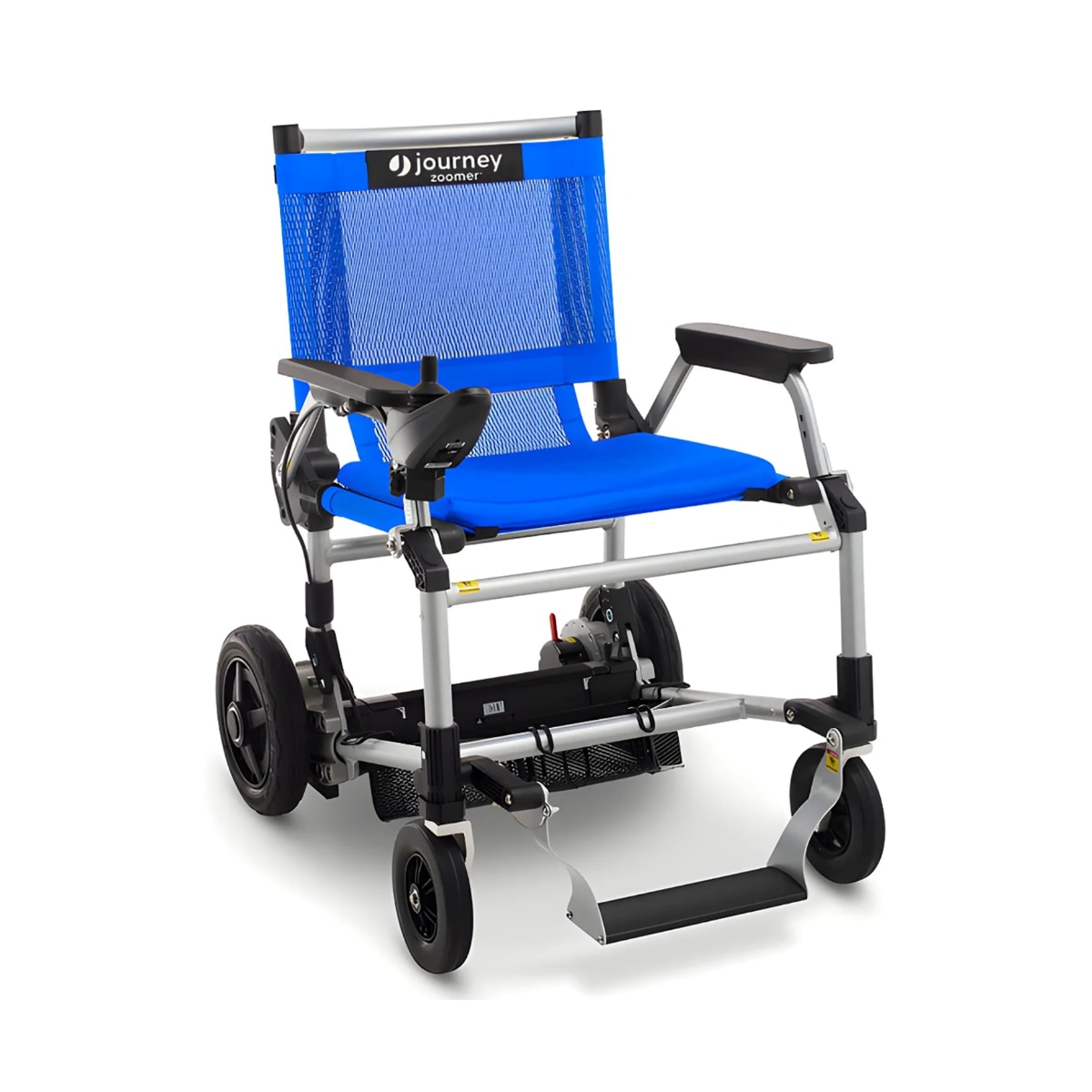 Zoomer power wheelchair with blue fabric and sporty design