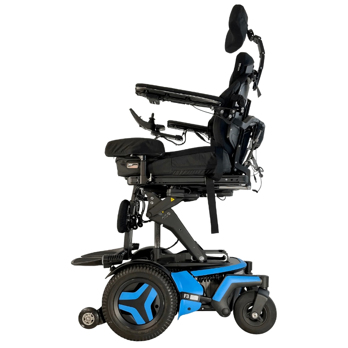 Permobil F3 complex rehab wheelchair with blue accents in elevated position