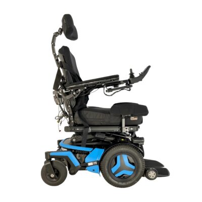 Permobil F3 complex rehab wheelchair with blue accents in upright position