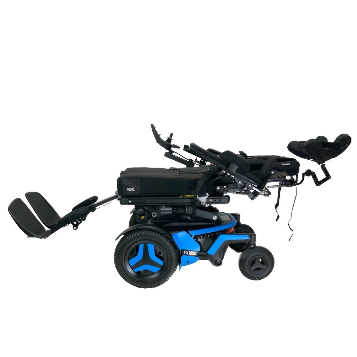 Permobil F3 complex rehab wheelchair with blue accents in recline position