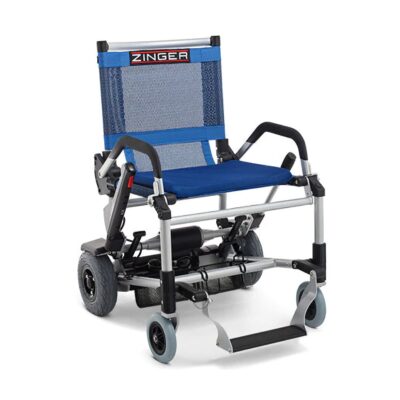 Zinger power wheelchair with blue seat and black and gray frame