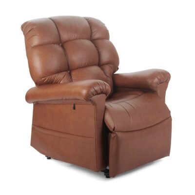 Golden MaxiComfort Cloud lift recliner with Twilight technology in brown leather fabric in upright position