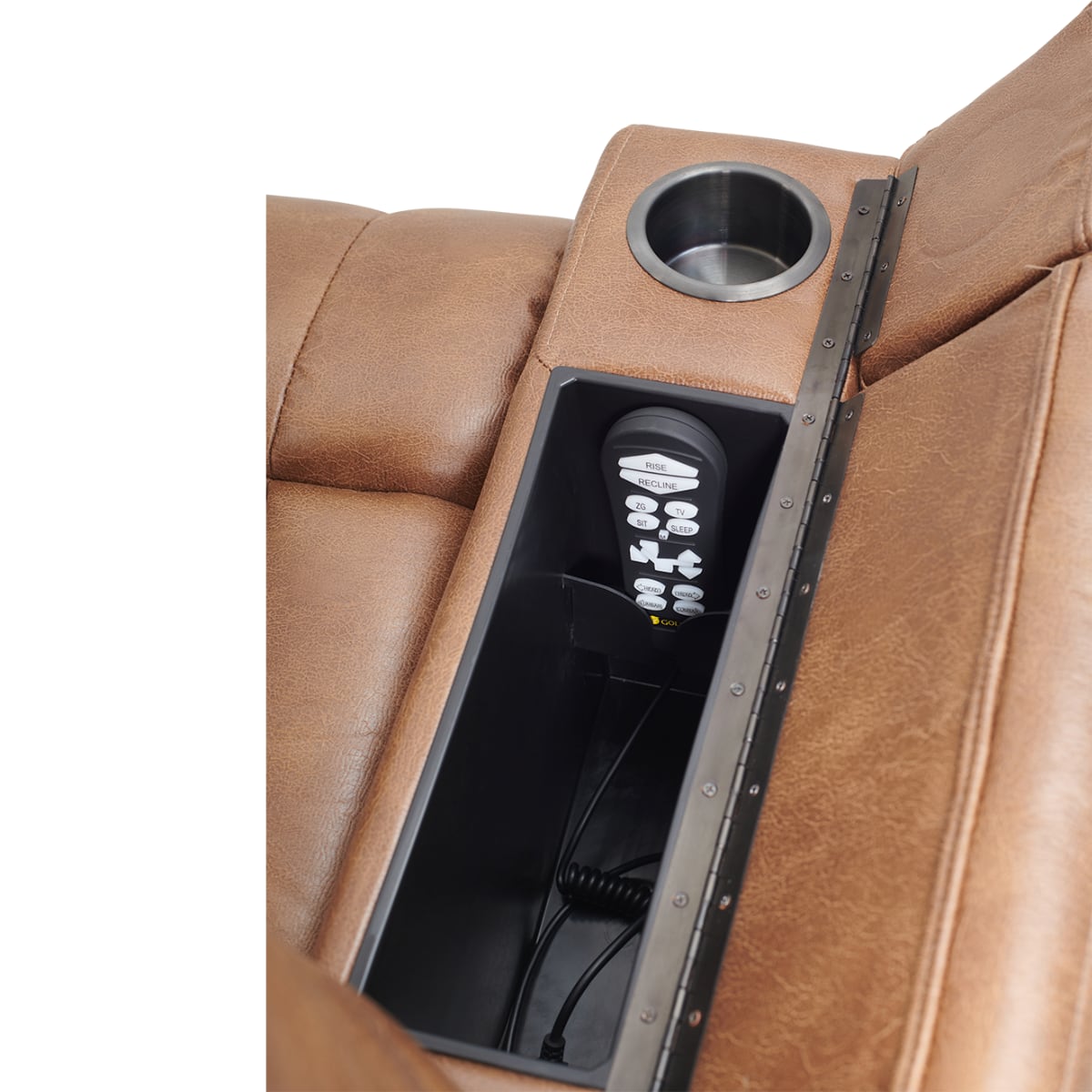 Golden Rhea lift recliner cup holder and storage compartment with remote