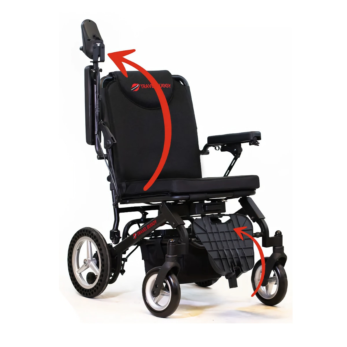 Travel Buggy Dash power wheelchair with arm raised