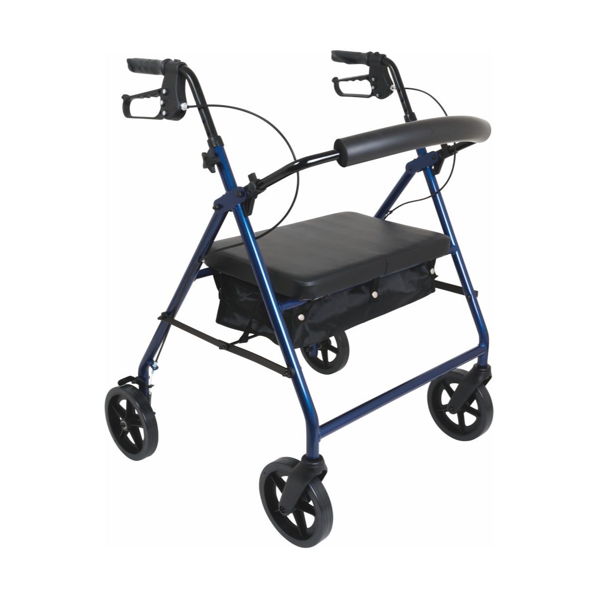 Heavy duty rollator with wide, padded seat and blue aluminum frame