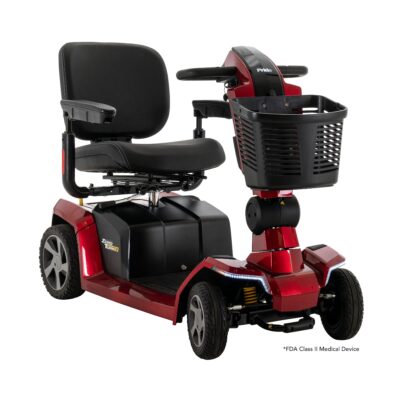 Pride ZeroTurn 10 mobility scooter with red accents and front basket