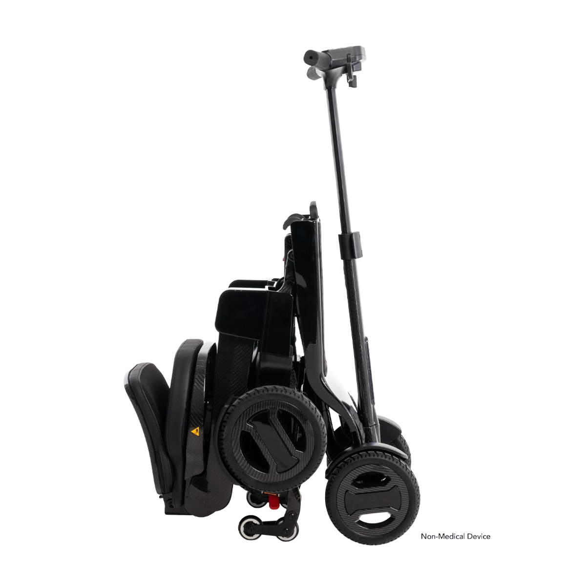 Pride GoGo Carbon mobility scooter with slim, modern design in black, folded tightly