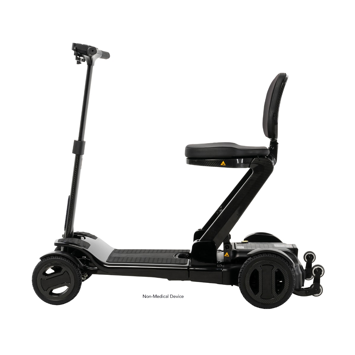 Pride GoGo Carbon mobility scooter with slim, modern design in black, side view