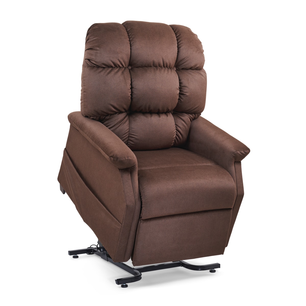 Golden Cambridge power lift recliner in brown suede in lifted position