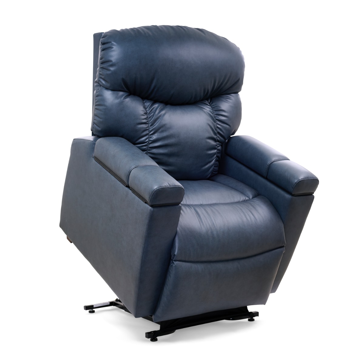 Golden Cloud Plus power lift recliner in gray-blue leather in lifted position