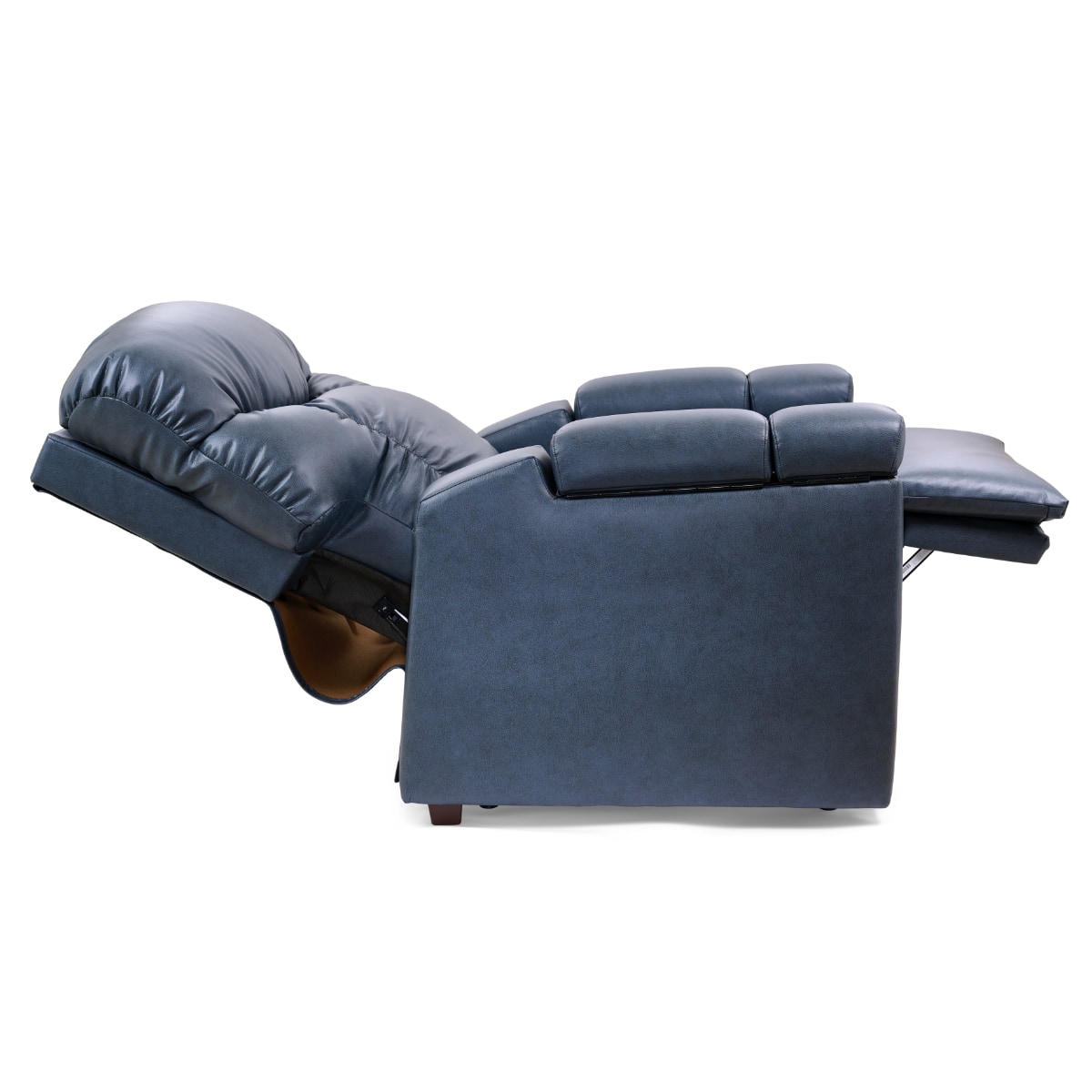 Golden Cloud Plus power lift recliner in gray-blue leather in reclined position