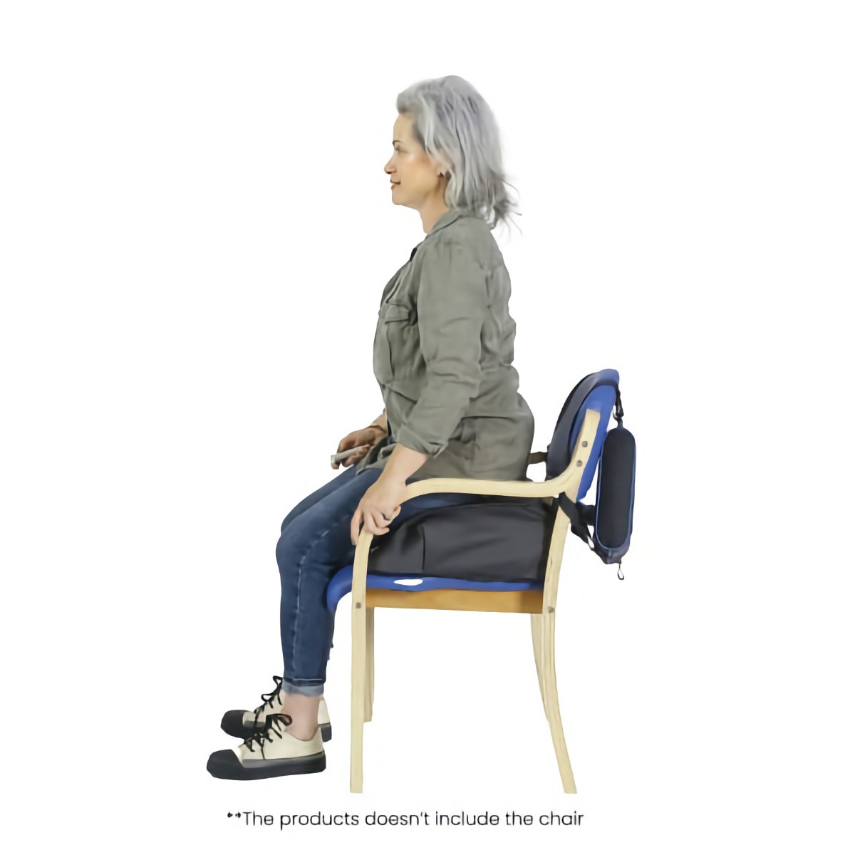 Woman using a Sit n Stand lift assist product in a chair