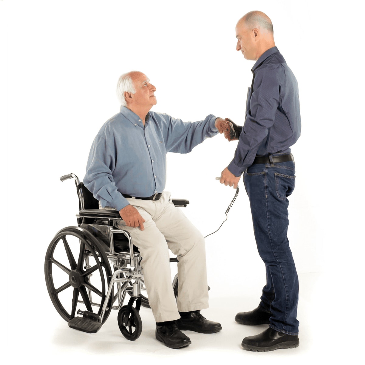 Person helping manual wheelchair user inflate Sit n Stand lift assist product