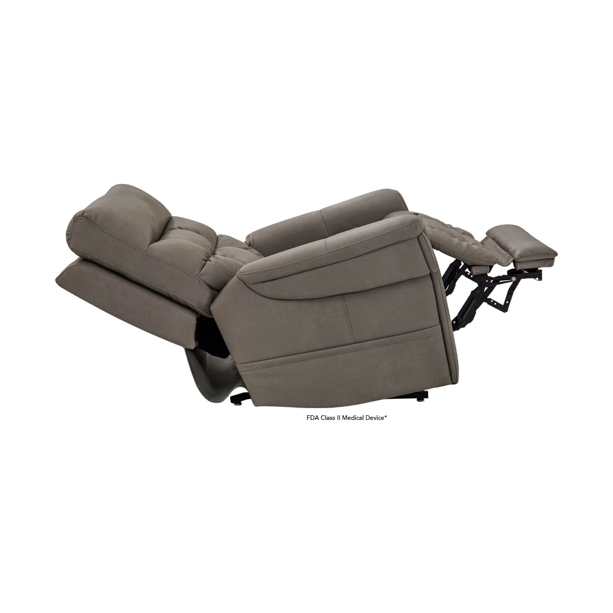 Pride VivaLift! Ultra lift recliner in dove colored fabric in reclined position