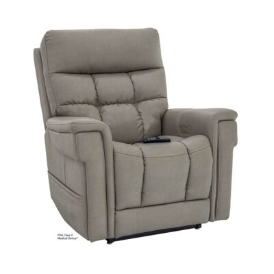 Pride VivaLift! Ultra lift recliner in dove colored fabric in seated position