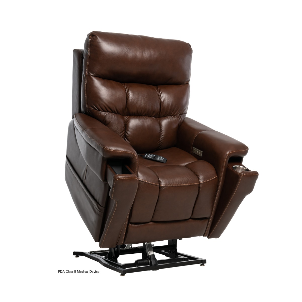 Pride VivaLift! Ultra lift recliner in brown American leather in lifted position