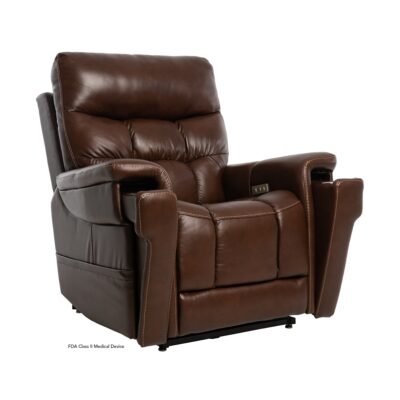 Pride VivaLift! Ultra lift recliner in brown American leather in seated position