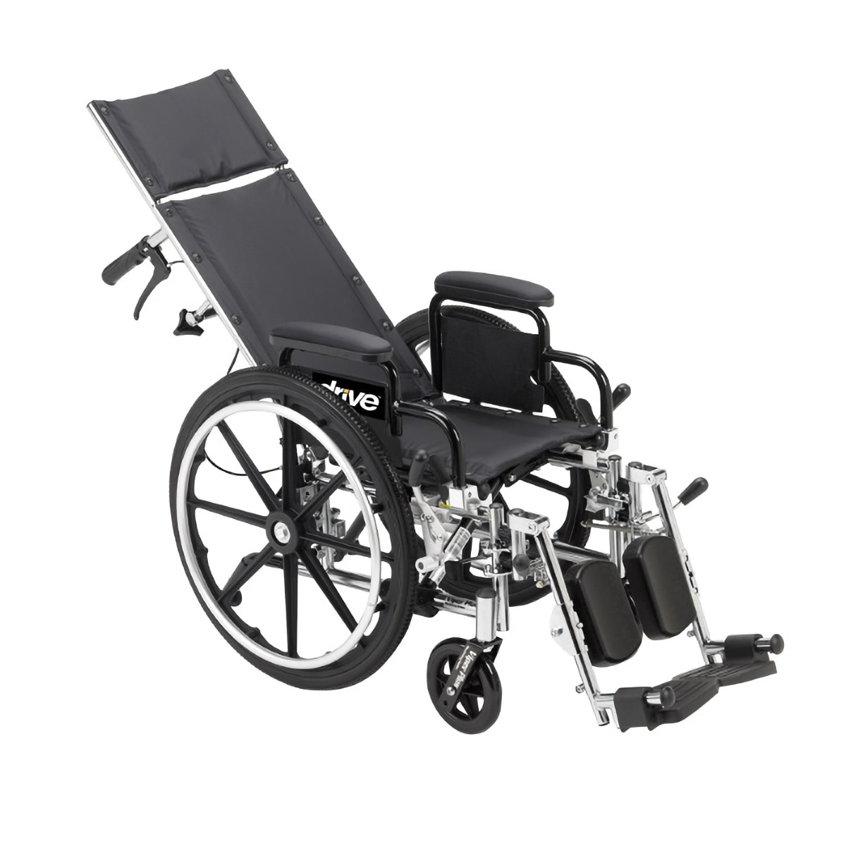 A premium reclining manual wheelchair in a reclined position