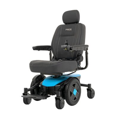 Pride Jazzy EVO power wheelchair with tall captains chair and blue accents