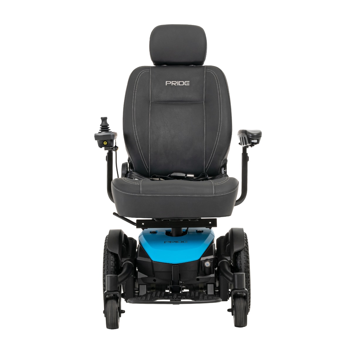 front view of a Pride Jazzy EVO power wheelchair with tall captains chair and blue accents