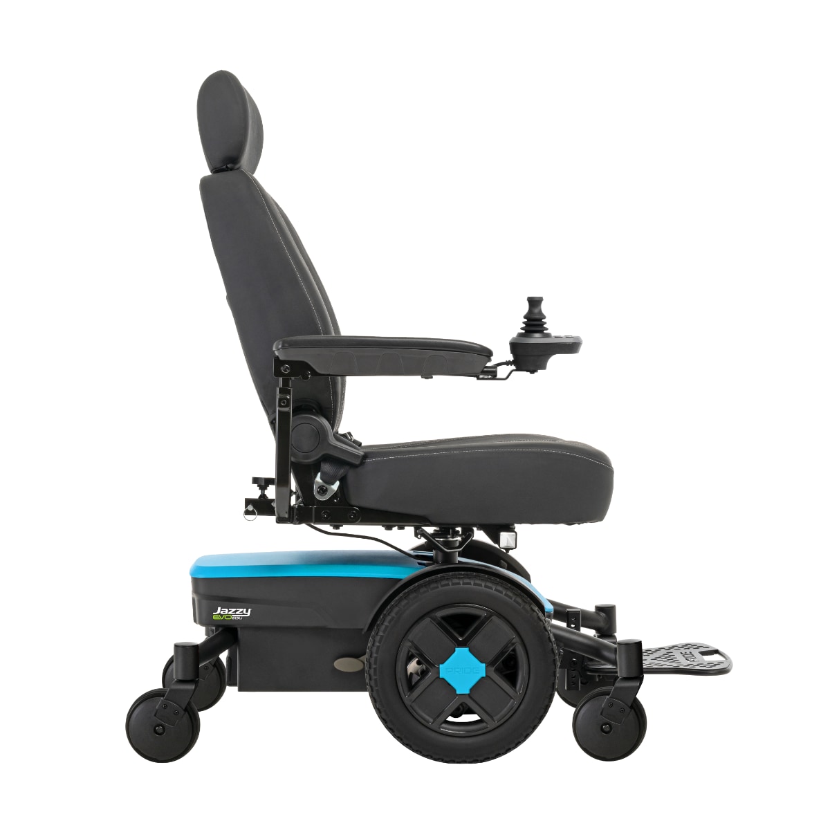 Side profile view of a Pride Jazzy EVO power wheelchair with tall captains chair and blue accents