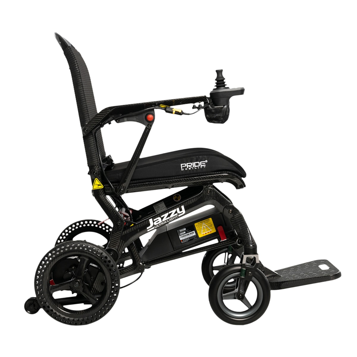 side profile of a Pride Jazzy Ultra Light power wheelchair with mesh back and sleek design