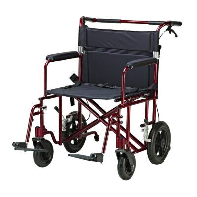 heavy duty transport chair with deep red accent color