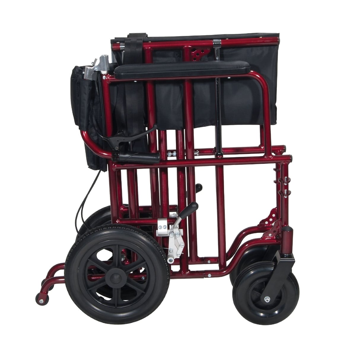 heavy duty transport chair with deep red accent color in folded position