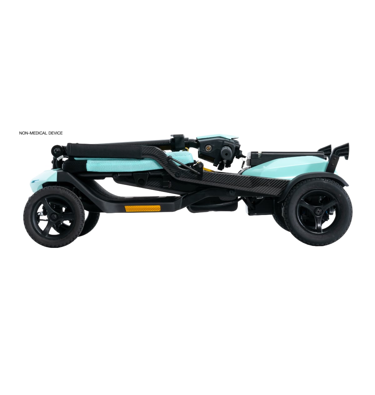 Pride Go Go Super Portable mobility scooter with sleek design in mint color folded to nearly flat